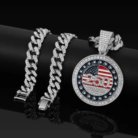 Hip Hop Zinklegering Strass Stars Stripes Hanger Ketting Heren Iced Out Cubaanse Schakelketting Ronde Gedenkmedallion Feest Sieraden