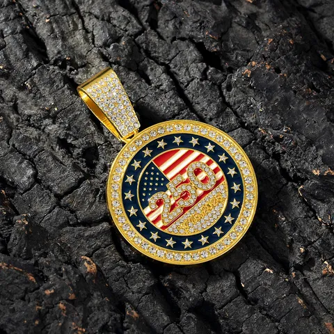 Hip Hop Zinklegering Strass Stars Stripes Hanger Ketting Heren Iced Out Cubaanse Schakelketting Ronde Gedenkmedallion Feest Sieraden