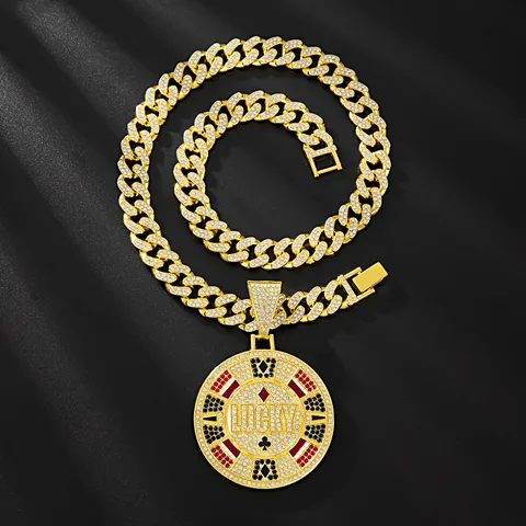 Hip Hop Glück Spielkarte Anhänger Halskette Für Herren Damen Zinklegierung Strass Panzerkette Iced Out Schmuck
