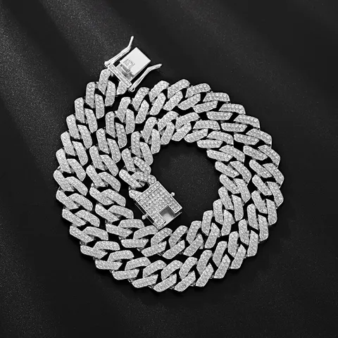 14mm Strass Panzerkette Halskette Für Herren Damen Zinklegierung Galvanisiert Gold Silber Hip Hop Schmuck Mit Quadratischem Verschluss