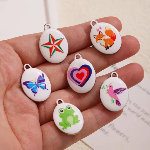 Stainless Steel Enamel Oval Pendants Butterfly Frog Fox Heart Star DIY Bracelet Necklace Jewelry Accessories Charms For Handmade
