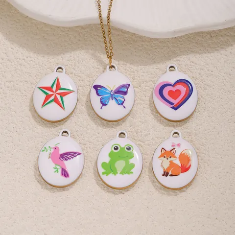 Stainless Steel Enamel Oval Pendants Butterfly Frog Fox Heart Star DIY Bracelet Necklace Jewelry Accessories Charms For Handmade