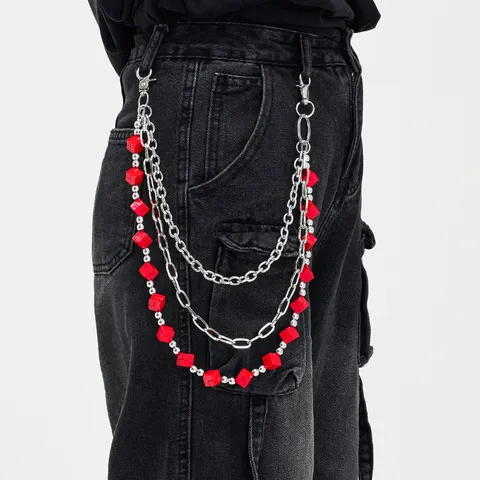Triple Layer Cube Pants Chain Streetwear Hip-Hop Jeans Bag Decor Chain Acrylic Bead Alloy Link Chain For Men Women