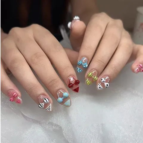 Summer Beach Holiday Style Press On Nails 3D Bikini Design Leopard Print Polka Dot Lines Removable False Nails For Women
