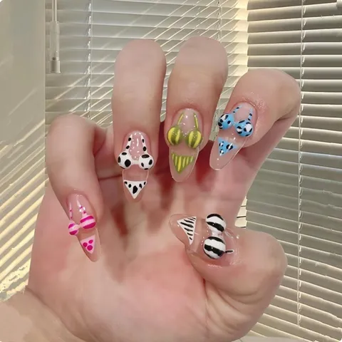 Summer Beach Holiday Style Press On Nails 3D Bikini Design Leopard Print Polka Dot Lines Removable False Nails For Women