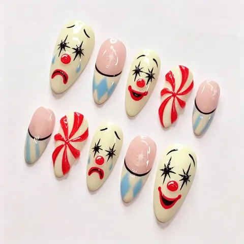 Halloween Clown Mask Spiral Candy Pattern Press On Nails Ice Translucent Resin Three Dimensional False Nail Tips Removable Fake Nails For Women Holiday Party