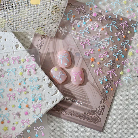 5D Embossed Nail Art Stickers Sweet Bow Star Macaron Color Jelly Stickers Waterproof Self-Adhesive Nail Decals For Women DIY Manicure Decoration