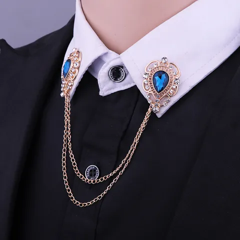 Vintage Wassertropfen Kragenadel Brosche Für Damen Herren Zinklegierung Doppel Kette Strass Hemd Kragenecke Schmuck Zubehör