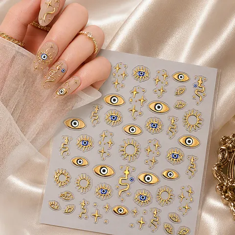Adesivi per Nail Art in Rilievo 5D Vintage Oro Argento Stampa Mistero Occulto Sole Luna Stella Malocchio Serpente Decalcomanie per Unghie Decorazioni Manicure