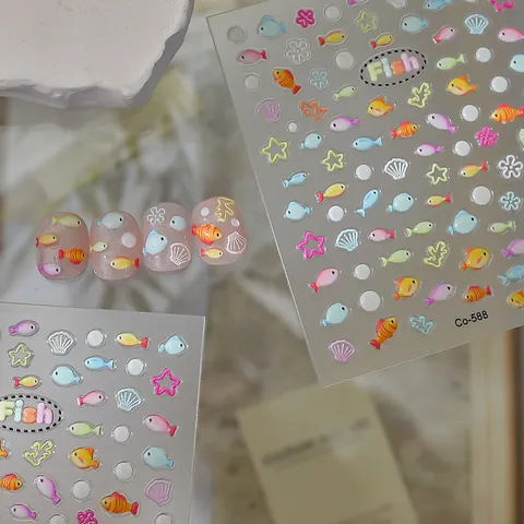 3D Relief Ocean Fish Nail Art Stickers Sea Life Coral Shell Starfish Jelly Goldfish 5D Embossed Adhesive Nail Decals Decoration Stickers