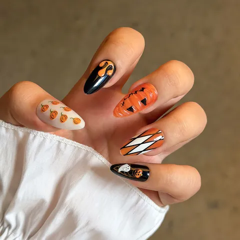 Halloween Pumpkin Ghost Press On Nails 3D Carved Halloween Party False Nails Resin Removable Artificial Nails For Women