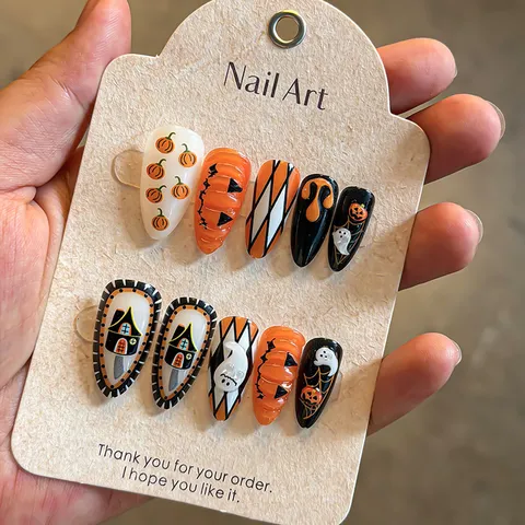 Halloween Pumpkin Ghost Press On Nails 3D Carved Halloween Party False Nails Resin Removable Artificial Nails For Women