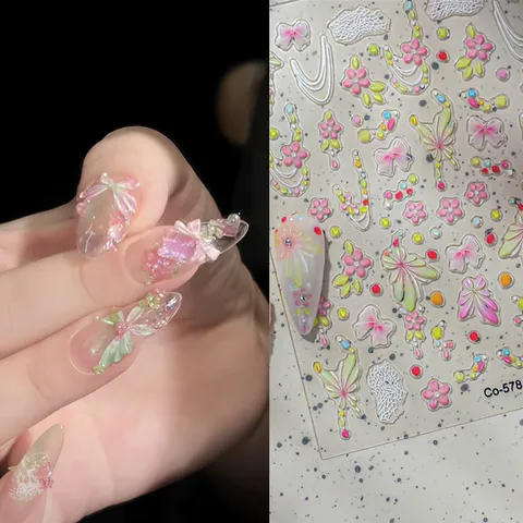 5D Reliëf Nagelkunst Stickers Vlinder Bloemen Jelly 3D Zelfklevende Nagel Decals Lente Manicure Decoratie voor Vrouwen