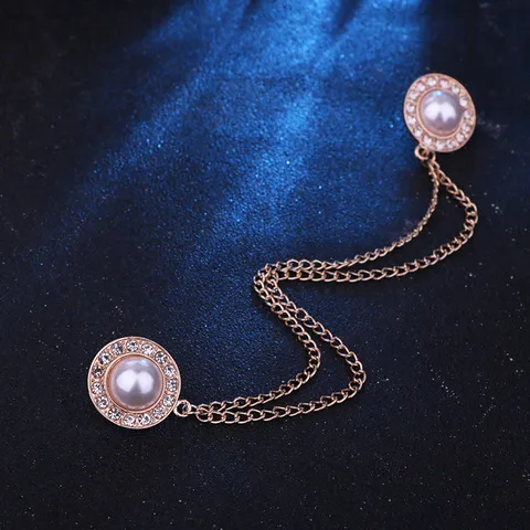 British Style Fashion Double Chain Collar Pin For Women Rhinestone Artificial Pearl Brooch Pin Shirt Accessory Elegant Jewelry Gift