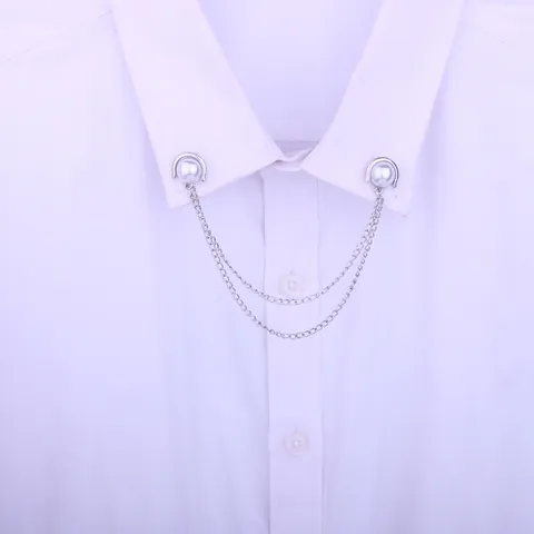 Vintage Alloy Artificial Pearl Collar Pin Brooch Double Tassel Chain Suit Pins Shirt Jewelry Ornament For Unisex