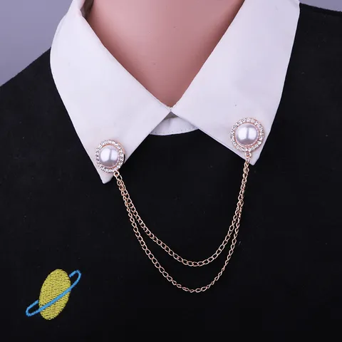 Vintage British Style Alloy Collar Pin Chain Brooch With Artificial Pearl Rhinestone Double Layer Chain Unisex Shirt Accs