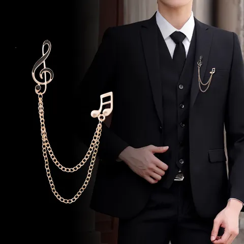Western Personality Alloy Musical Note Brooch Pin Long Tassel Chain Metal Lapel Pin Electroplated Enamel Brooch For Men Suit Jacket Women Shirt Clothes Decor Gift