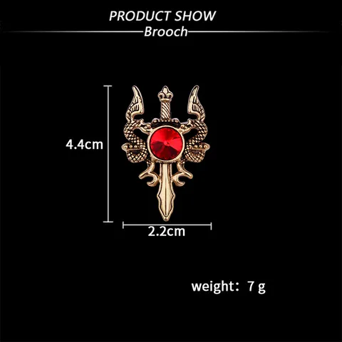 Broche Vintage de Aleación de Cinc de Dragón y Espada para Traje de Hombre Punk Británico Strass Cristal Rojo Alfiler de Solapa Insignia Joyería