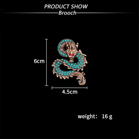 Broche de Dragón Estilo Chino Vintage para Hombre Zodíaco Dominante Alfiler de Solapa de Strass Aleación Broches de Animales Accesorios para Abrigo Joyería Regalo