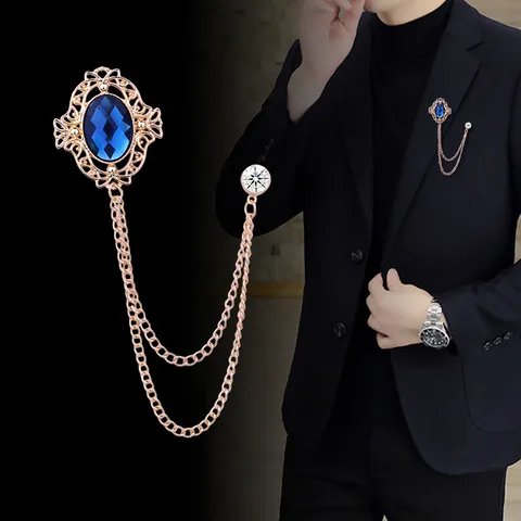 Men's Vintage Palace Style Hollow Brooch Pin With Tassel Chain Fashion Suit Collar Chain Rhinestone Lapel Pin Jewelry Gift