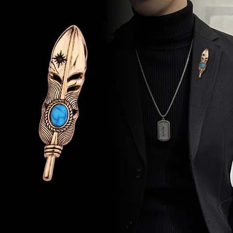 Vintage Feather Brooch For Men Turquoise Hollow Suit Lapel Pin Antique Gold Silver Jewelry Accessory Pin