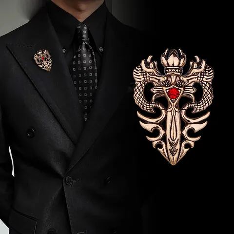 Retro Dubbele Draak Zwaard Broche Pin Legering Gothic Punk Strass Broche Voor Heren Dames Pak Jas Decoratie Accessoires