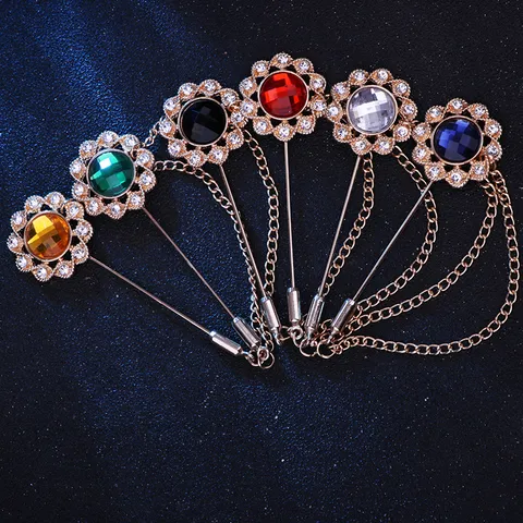 Broche de Girasol de Aleación de Lujo Vintage para Hombre y Mujer Traje Estilo de Corte Alfiler Largo con Diamantes de Imitación y Cadena de Borla Joyería Regalo