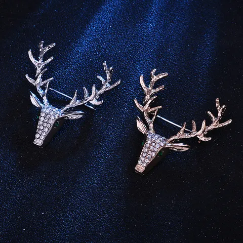 Vintage Legierung Strass Elch Hirschkopf Brosche Abzeichen Pin Glänzend Kristall Tier Korsage Brustnadel Für Mantel Weihnachten Schmuck Geschenk
