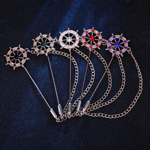 Vintage Men Nautical Rudder Anchor Brooch Pin Alloy Rhinestone Lapel Pin With Chain For Suit Wedding Party Jewelry Gift