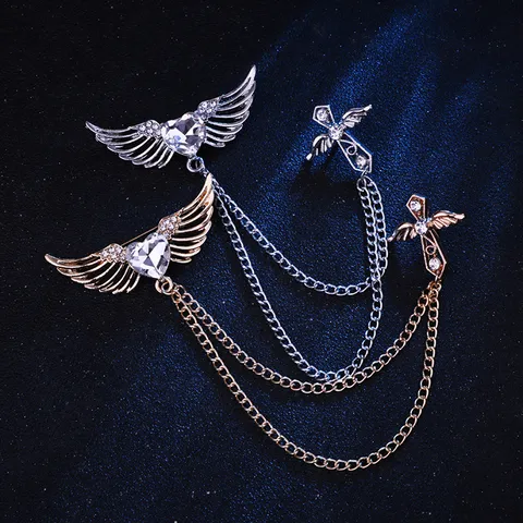 Broche de Borla de Cruz de Corazón de Ala de ángel de Estilo Coreano para Hombres Mujeres Aleación Diamante de Imitación Pin de Solapa Joyería