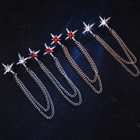 Korean Fashion Alloy Star Collar Pin With Rhinestone Tassel Chain Unisex Shirt Brooch Decor Neck Accessory Jewelry