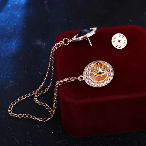 Vintage Zinc Alloy Rhinestone Double Chain Collar Pin For Men Women Shirt Decoration Geometric Exquisite Suit Brooch Jewelry