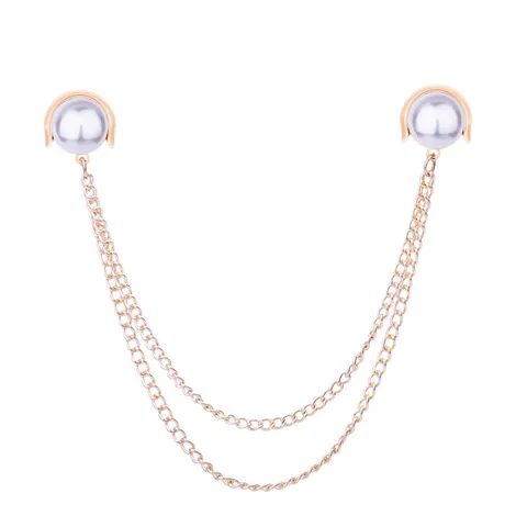 Vintage Alloy Artificial Pearl Collar Pin Brooch Double Tassel Chain Suit Pins Shirt Jewelry Ornament For Unisex
