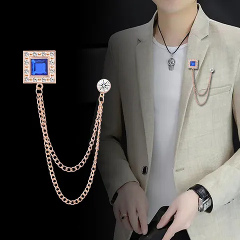 Britischer Stil Herren Brosche Quadratisch Künstlicher Edelstein Quaste Kette Strass Reversnadel Für Anzug Hochzeit Party Schmuck