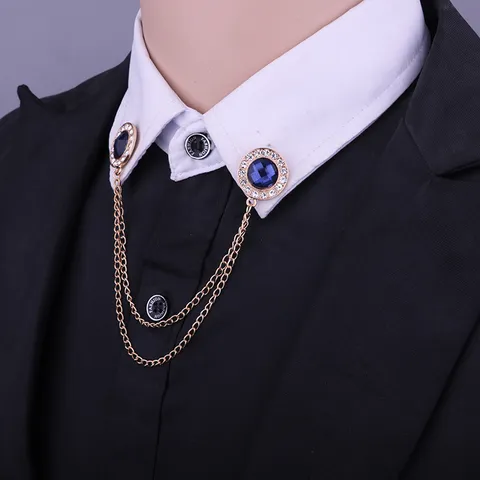 Vintage Zinc Alloy Rhinestone Double Chain Collar Pin For Men Women Shirt Decoration Geometric Exquisite Suit Brooch Jewelry
