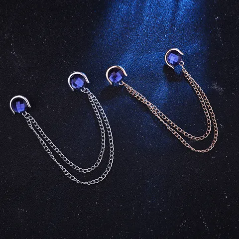 Vintage Alloy Electroplated Rhinestone Collar Chain Shirt Collar Pin Decorative Double Layer Chain Gemstone Tassel For Unisex Jewelry