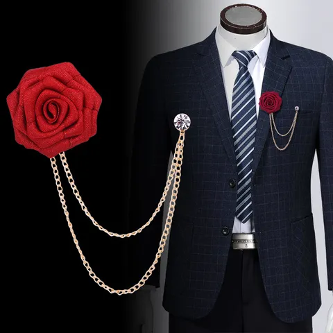 Elegante Stoff Rose Brosche Pin Mit Langer Metall Quaste Kette Glitzer Blume Brosche Strass Anzug Reversnadel Schmuck Für Hochzeit Herren Damen