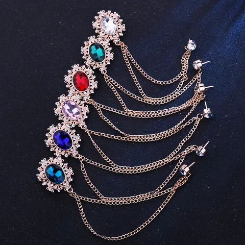 Retro Palace Style Alloy Rhinestone Brooch Pin With Tassel Chain Water Drop Artificial Gemstone For Women Men Jewelry