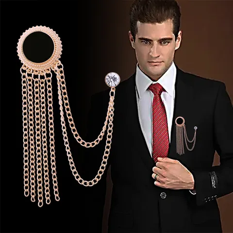 Trendy Zinc Alloy Chain Tassel Brooch With Rhinestone Accents Geometric Enamel Suit Collar Pin Fashion Lapel Jewelry For Men Banquet Party