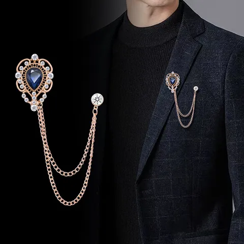 Vintage Hohl Wassertropfen Brosche Mit Doppelter Kette Quaste Strass Künstlicher Edelstein Reversnadel Für Herren Damen Anzug Zubehör
