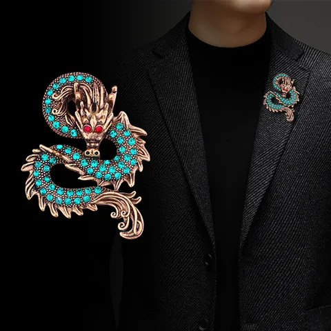 Broche de Dragón Estilo Chino Vintage para Hombre Zodíaco Dominante Alfiler de Solapa de Strass Aleación Broches de Animales Accesorios para Abrigo Joyería Regalo