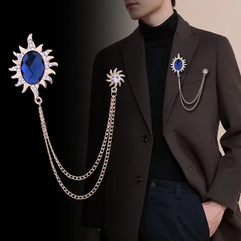 Vintage Legierung Sonne Strass Brosche Doppel Kette Quaste Herren Anzug Mantel Dekoration Kristall Stern Nadeln Persönlichkeit Abzeichen Schmuck Geschenk