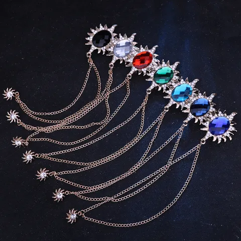 Vintage Legierung Sonne Strass Brosche Doppel Kette Quaste Herren Anzug Mantel Dekoration Kristall Stern Nadeln Persönlichkeit Abzeichen Schmuck Geschenk