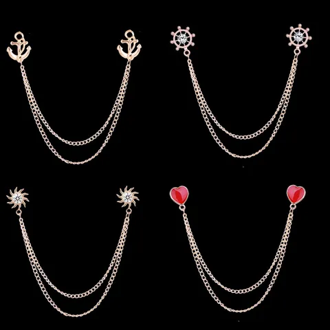 Vintage Legierung Anker Steuerrad Sonne Herz Spielkarten Kragennadel Brosche Mit Mehrlagiger Quastenkette Strass Künstliche Perle Kleidung Link Kette Nadel Für Herren Damen
