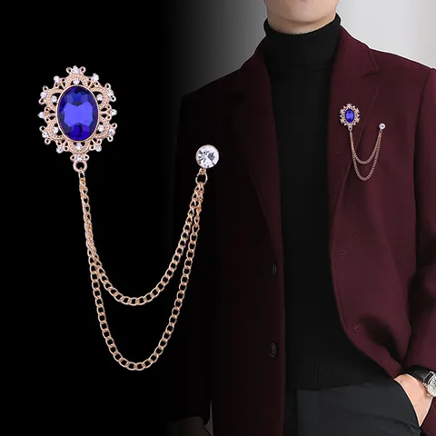 Retro Palace Style Alloy Rhinestone Brooch Pin With Tassel Chain Water Drop Artificial Gemstone For Women Men Jewelry