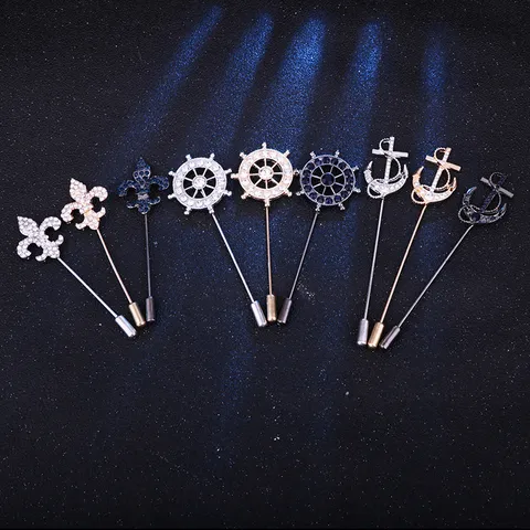 Nautical Men Brooch Anchor Rudder Fleur-de-lis Lapel Pin Zinc Alloy Rhinestone Long Needle For Suit Accessories Jewelry