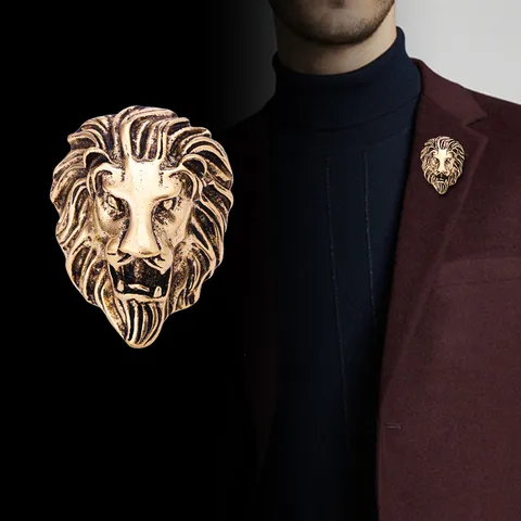 Vintage Lion Head Brooch For Men Retro African Lion King Lapel Pin Alloy Animal Brooch For Suit Coat Gold Silver Jewelry