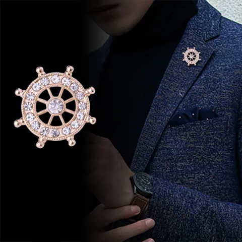 Western Fashion Nautical Ship Wheel Brooch Men Suit Blazer Pin Rhinestone Inlaid Rudder Brooch Jewelry Accessory For Men