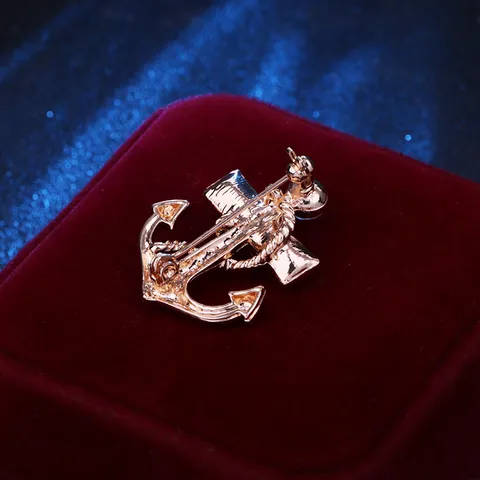 Vintage Nautical Navy Style Anchor Brooch Alloy Inlaid Rhinestone Crystal Pin Badge For Men Suit Overcoat Jacket Accessory