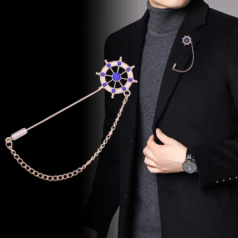 Vintage Men Nautical Rudder Anchor Brooch Pin Alloy Rhinestone Lapel Pin With Chain For Suit Wedding Party Jewelry Gift